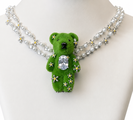 [Plei Collection] Forest Bloom Teddy Double Chain Necklace (Green)